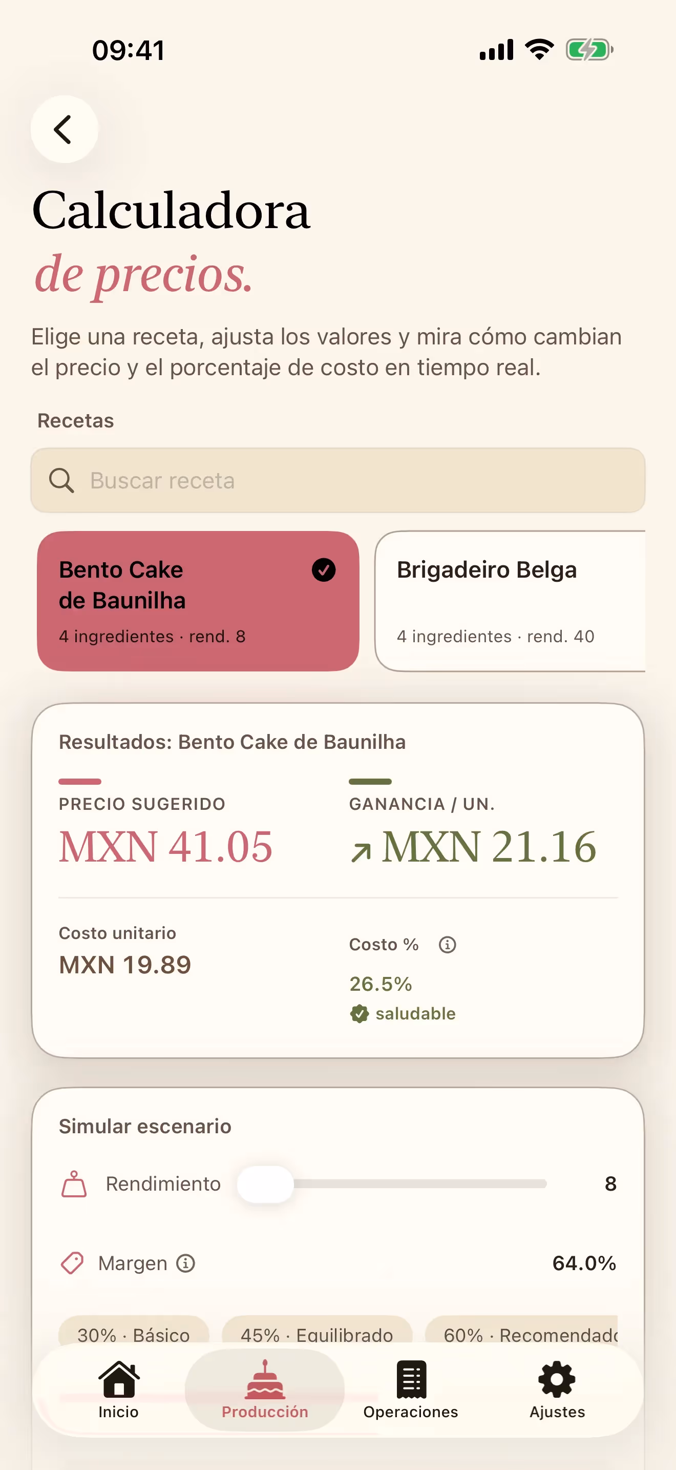 Calculadora de precios de Receitório en iPhone, con el precio sugerido, la ganancia por unidad, el costo unitario y el costo de insumos %