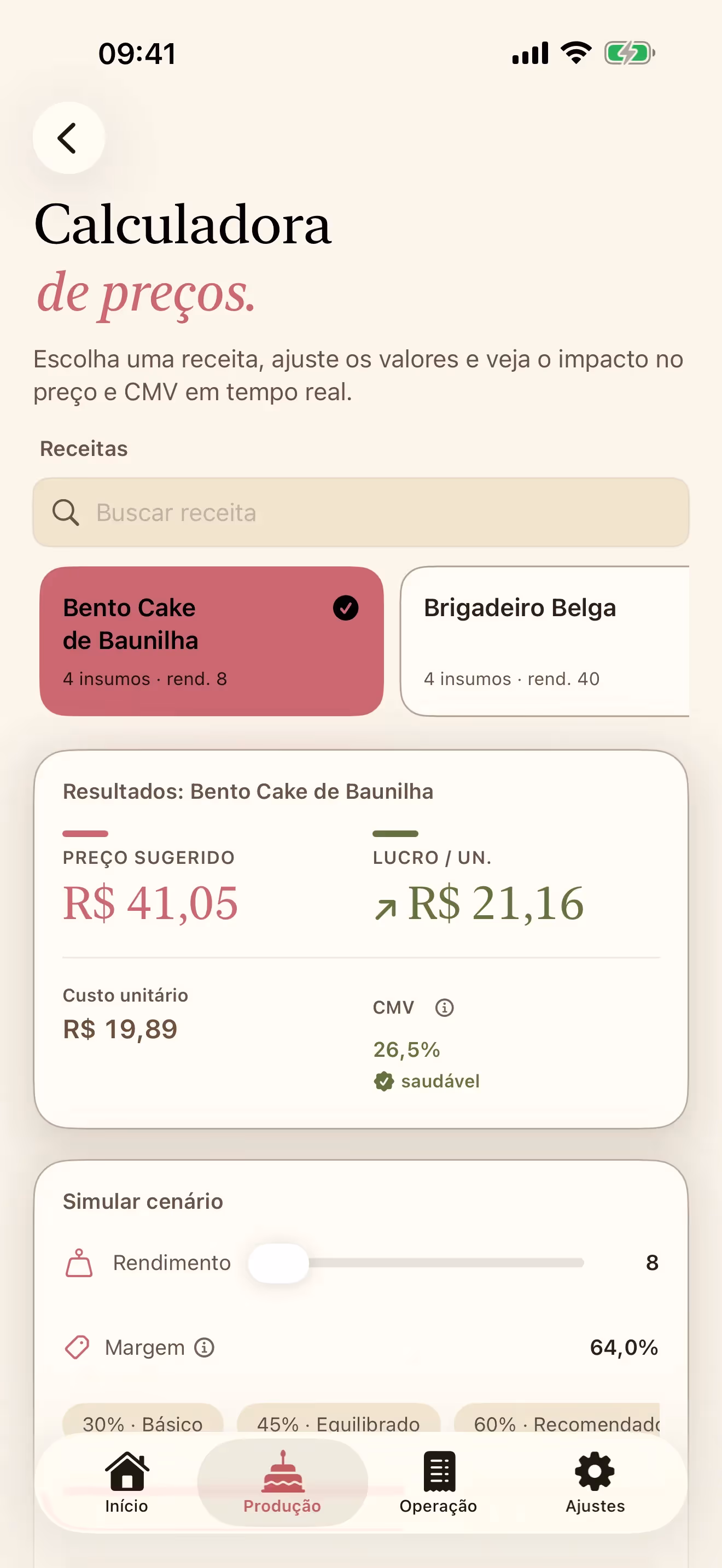 Calculadora de preços do Receitório no iPhone com preço sugerido, lucro por unidade, custo unitário e CMV