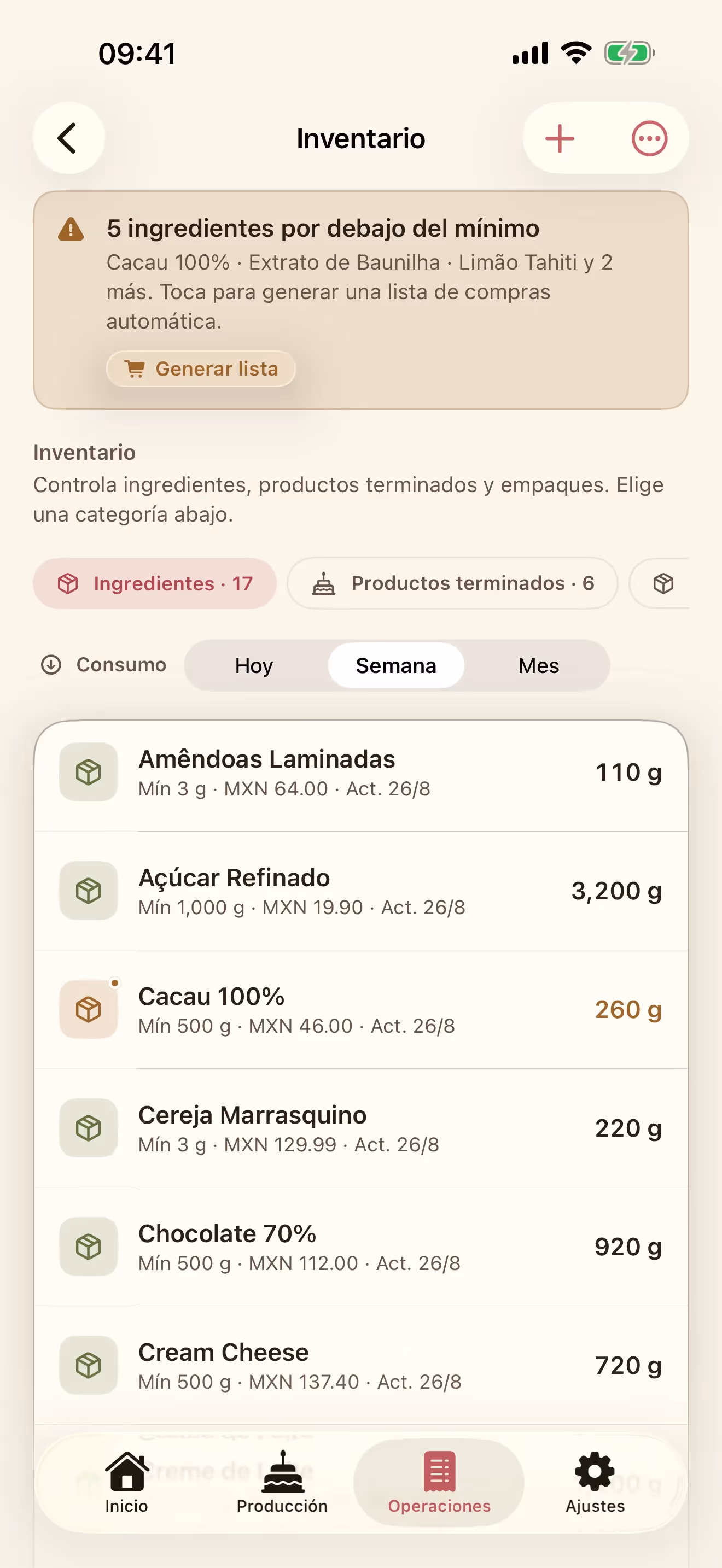 Pantalla Inventario de Receitório en iPhone, con las existencias de ingredientes y los avisos de inventario bajo