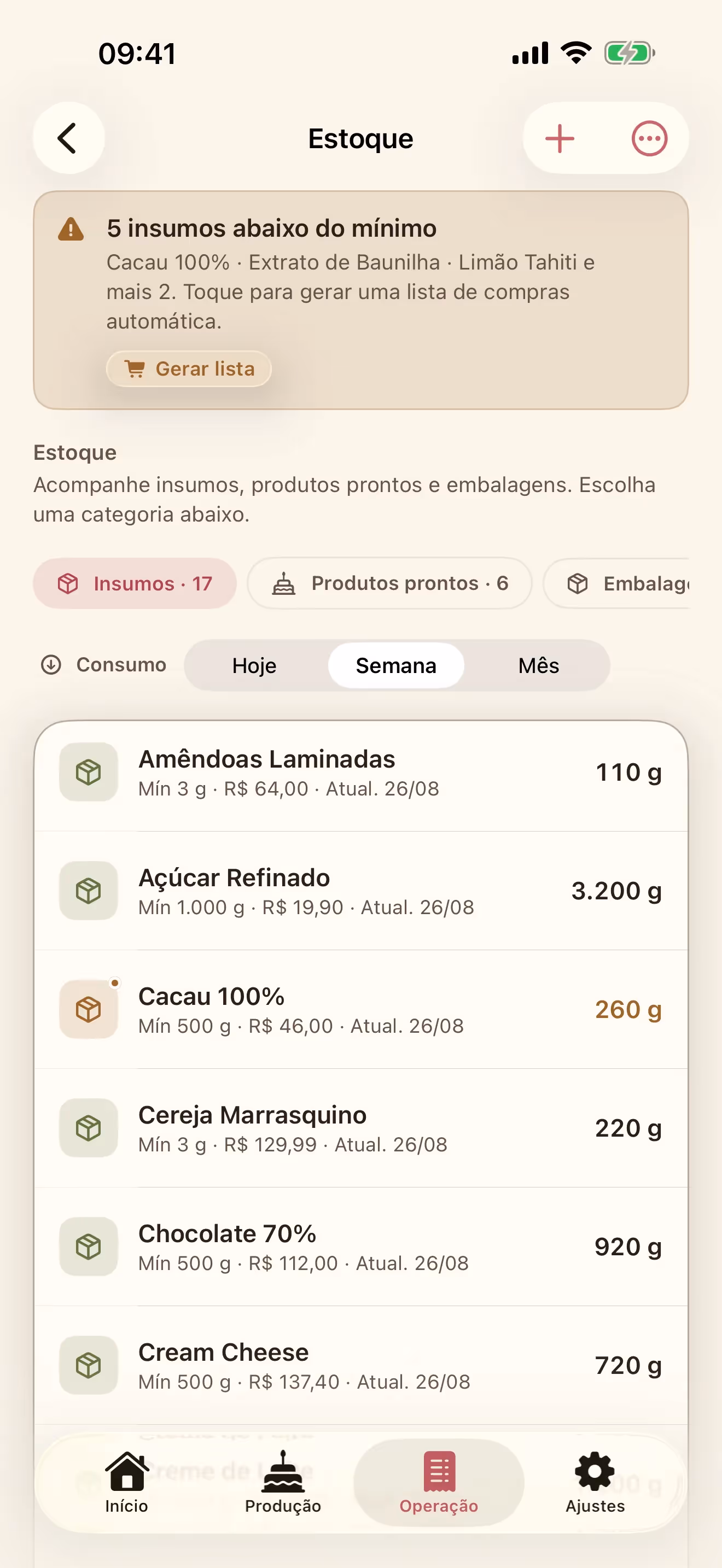 Tela Estoque do Receitório no iPhone com níveis de insumos e aviso de estoque mínimo