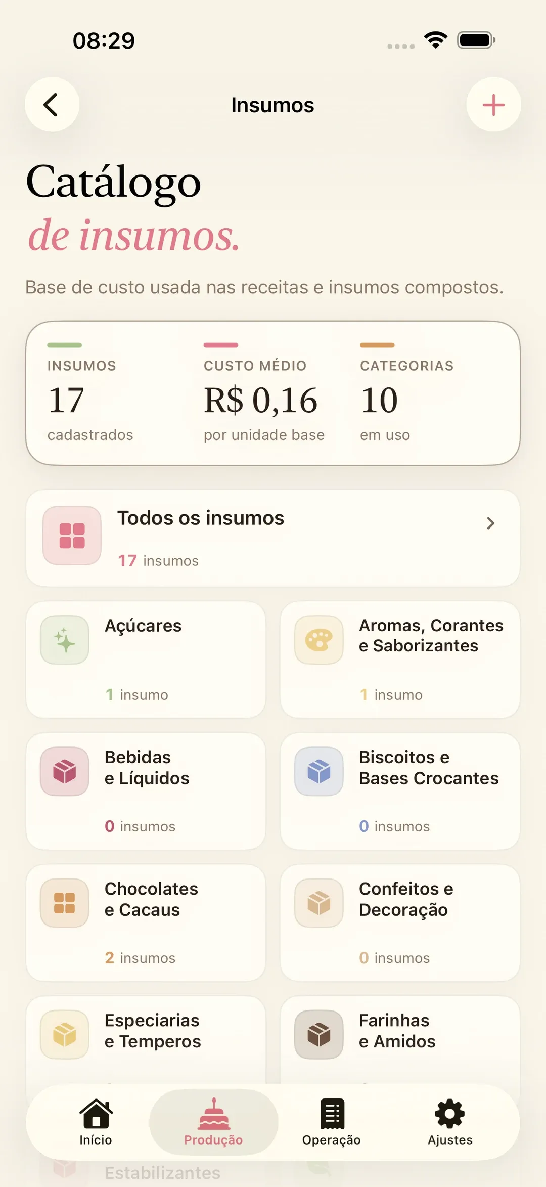 Tela de ingredientes do Receitório mostrando o custo por unidade de cada insumo