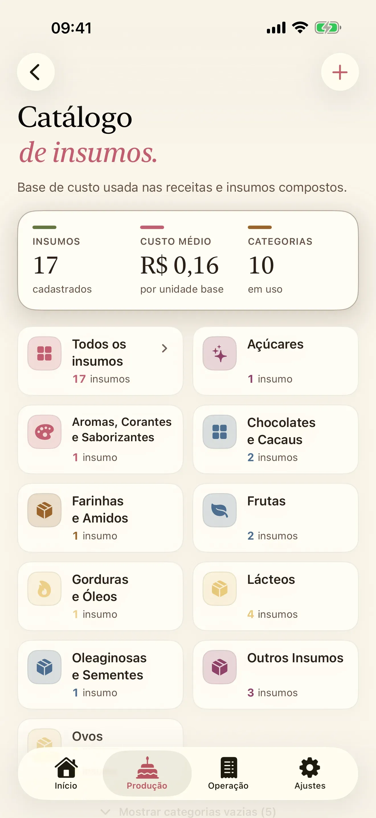 Tela de ingredientes do Receitório mostrando o custo por unidade de cada insumo
