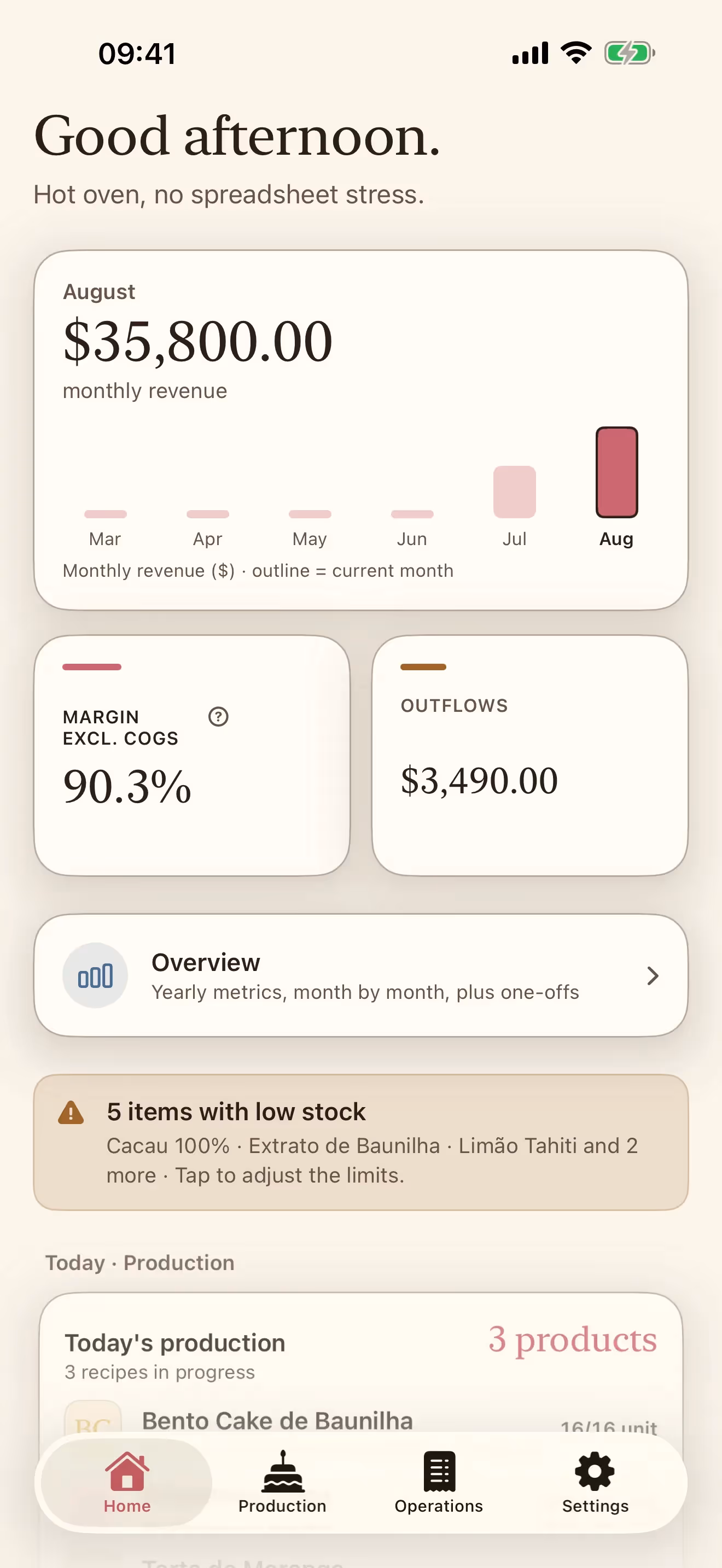 The Receitório home screen on iPhone, showing monthly revenue, profit margin, outflows and today's production