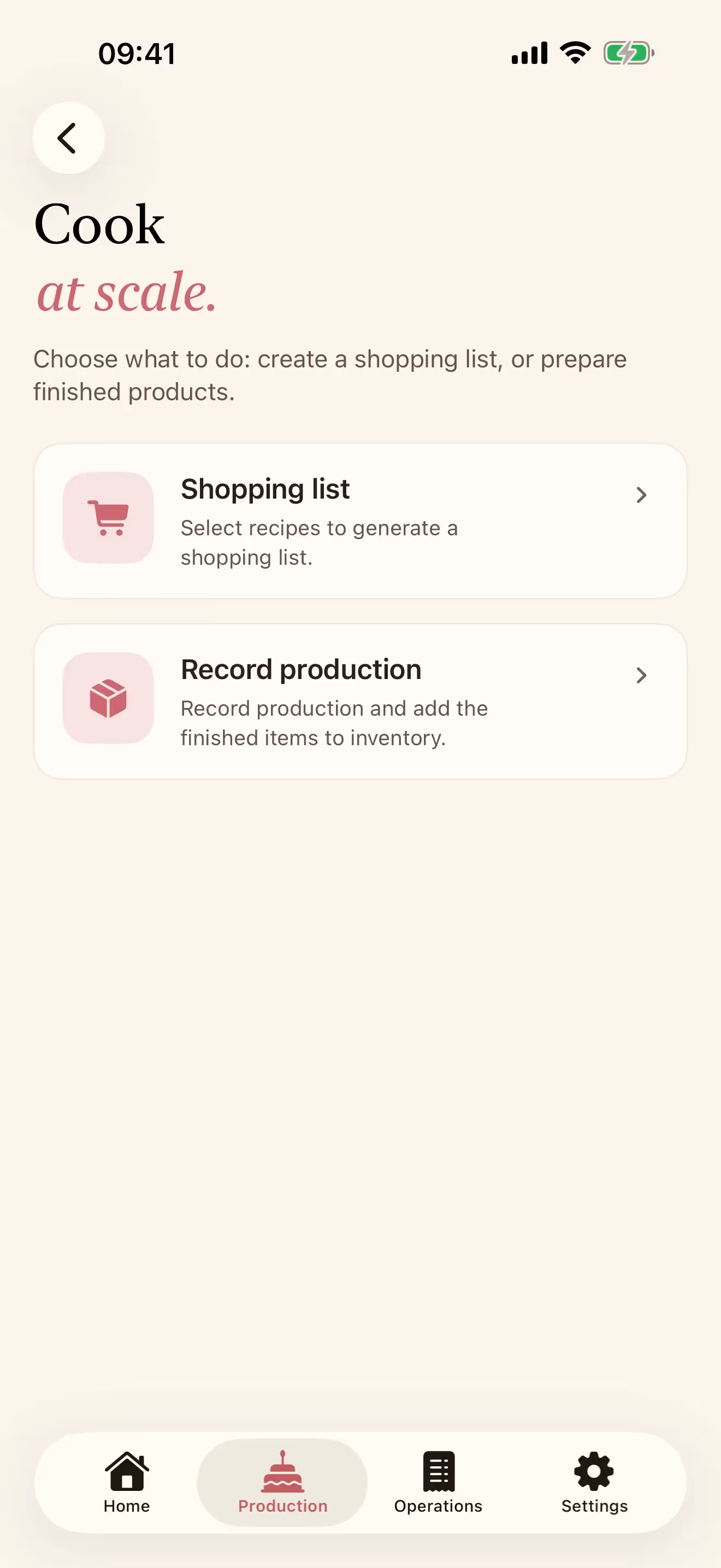 The Prepare recipes screen in Receitório on iPhone, with the options to generate a shopping list or add to inventory