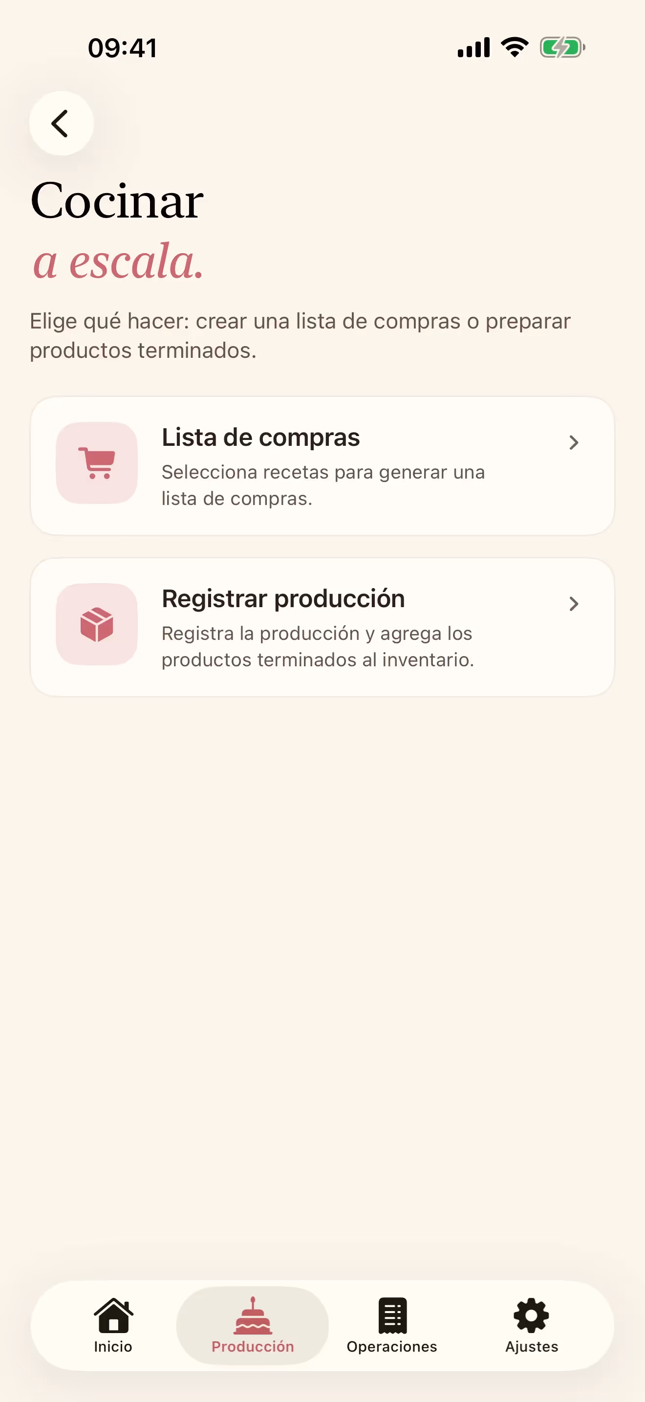 Pantalla Preparar recetas de Receitório en iPhone, con las opciones de generar una lista de compras o agregar al inventario
