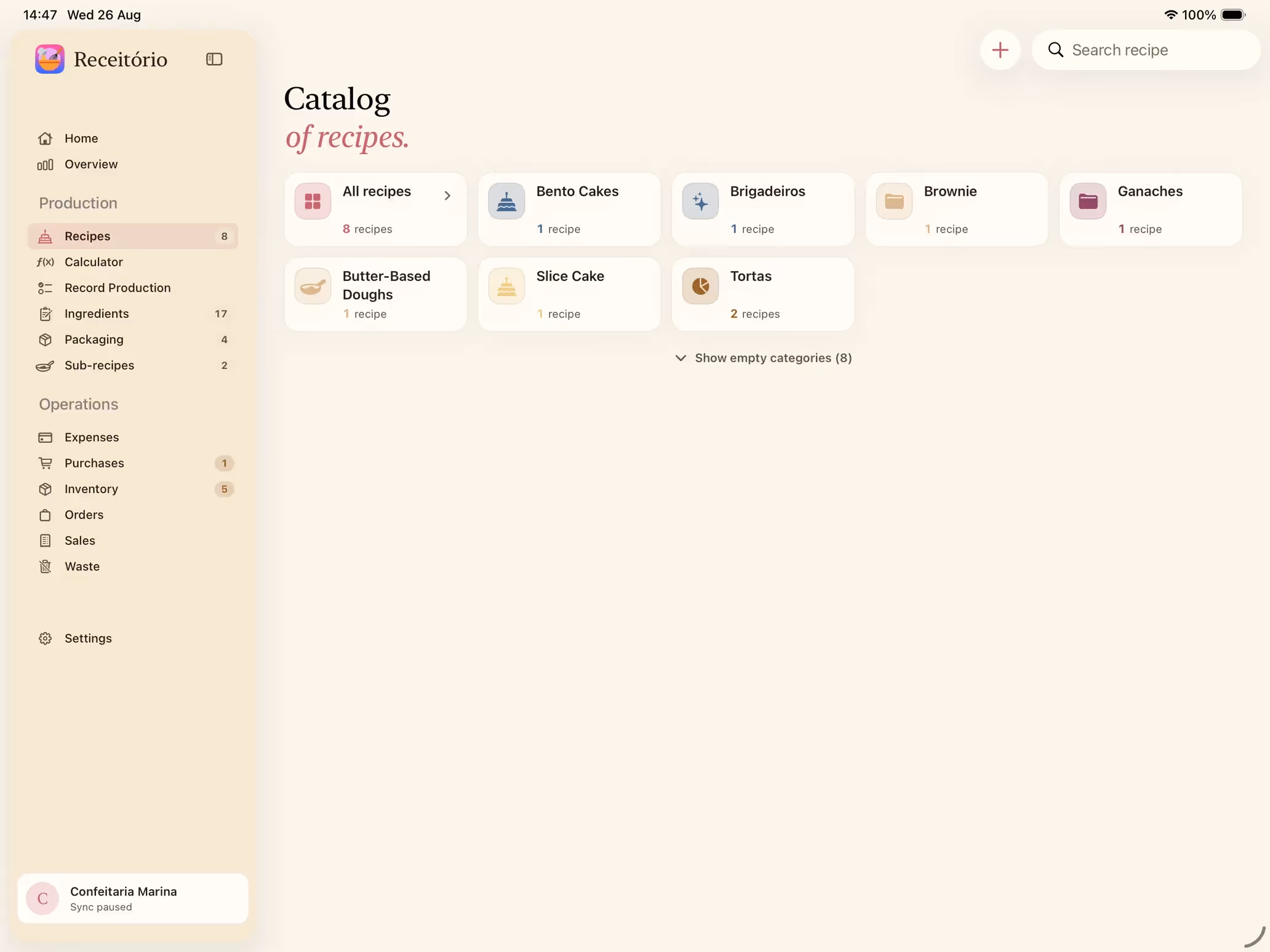 The Recipes screen in Receitório on iPad with colored categories