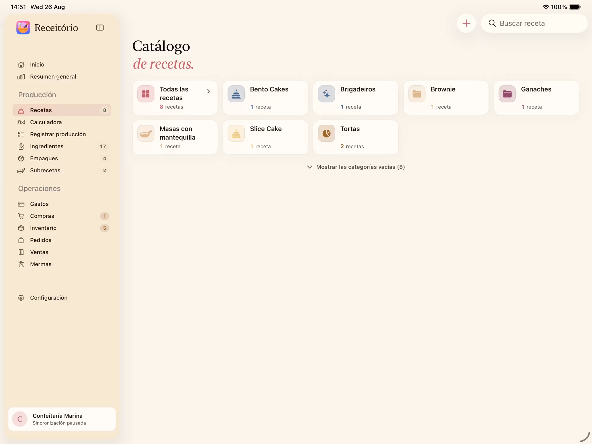 Pantalla Recetas de Receitório en iPad con las categorías de colores