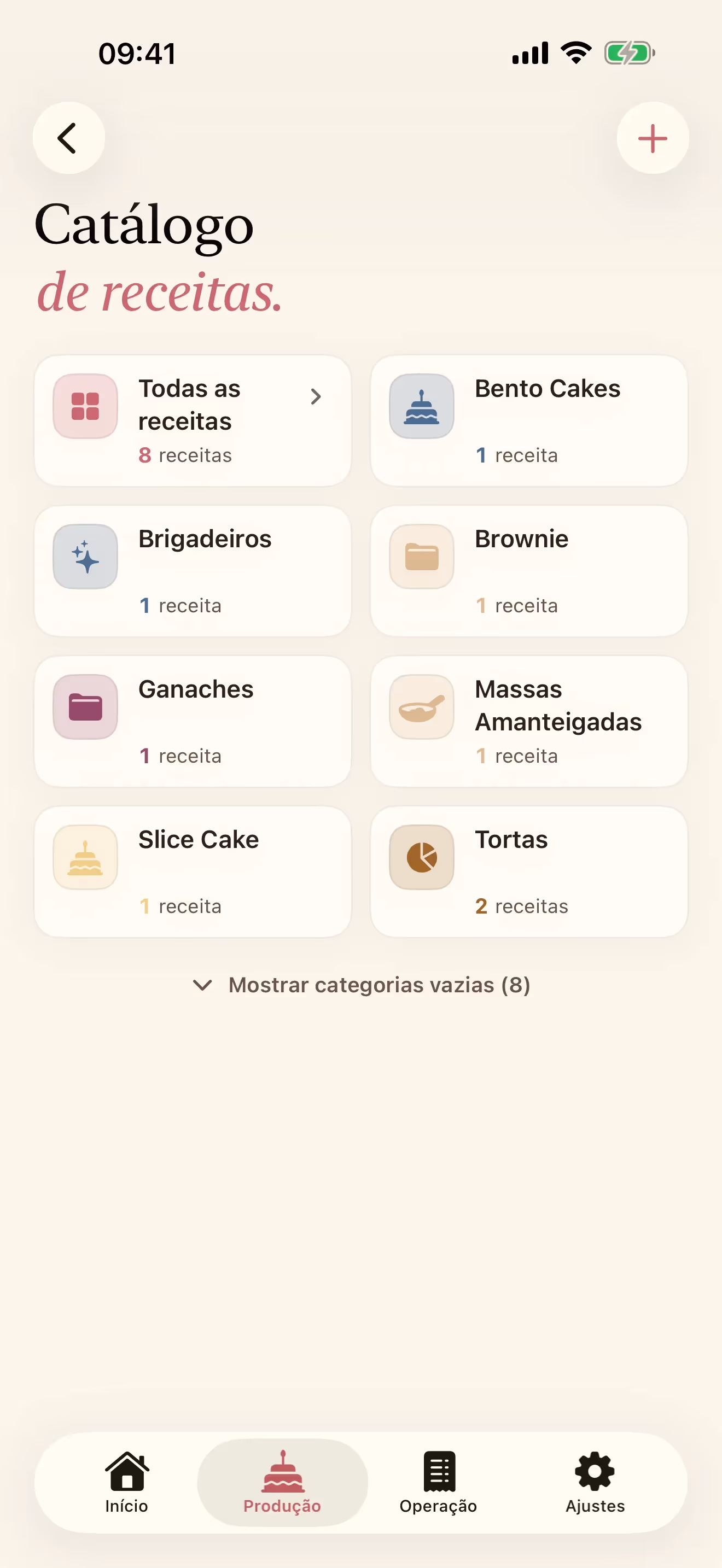 Tela Receitas do Receitório no iPhone, mostrando categorias de doces com ícones coloridos