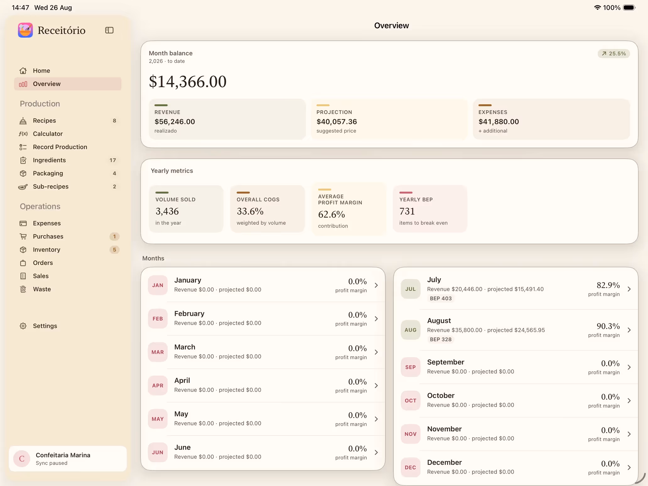 The Overview screen in Receitório on iPad with the month's balance, yearly figures and history