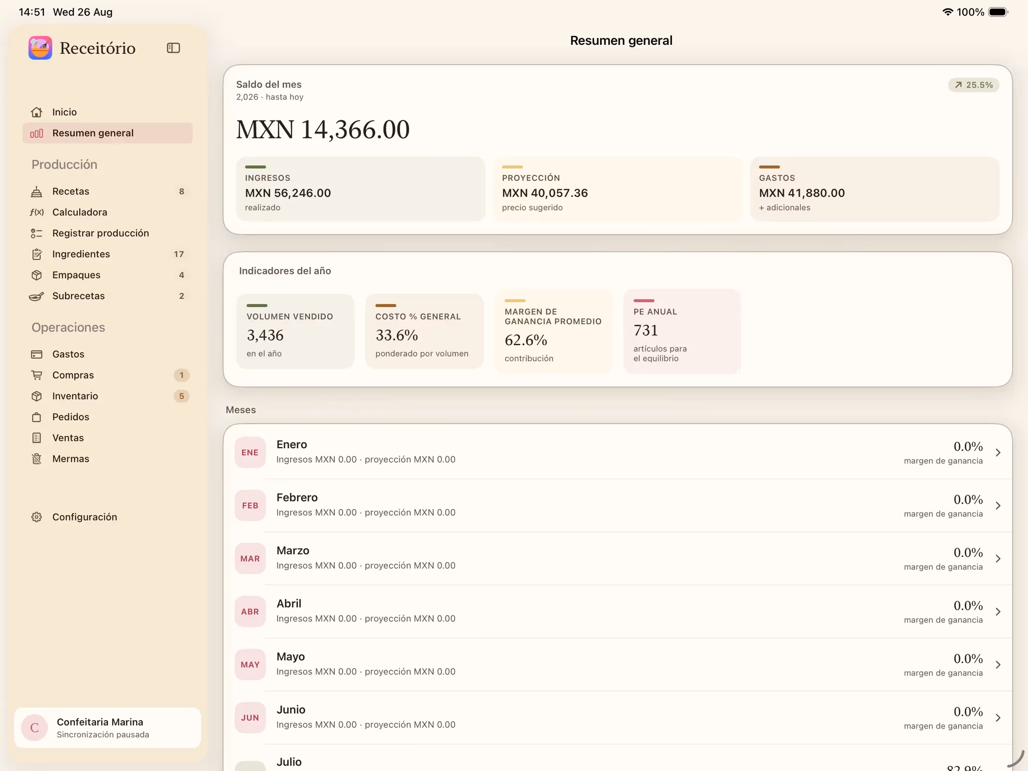 Pantalla Resumen general de Receitório en iPad con el saldo del mes, los indicadores y el historial