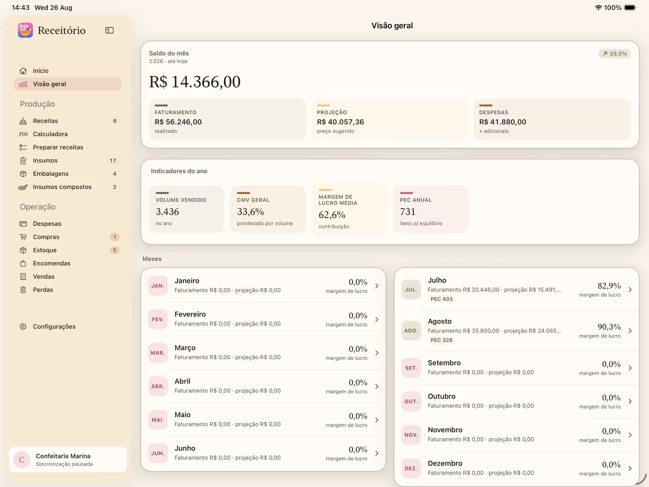 Tela Visão geral do Receitório no iPad com saldo do mês, indicadores e histórico