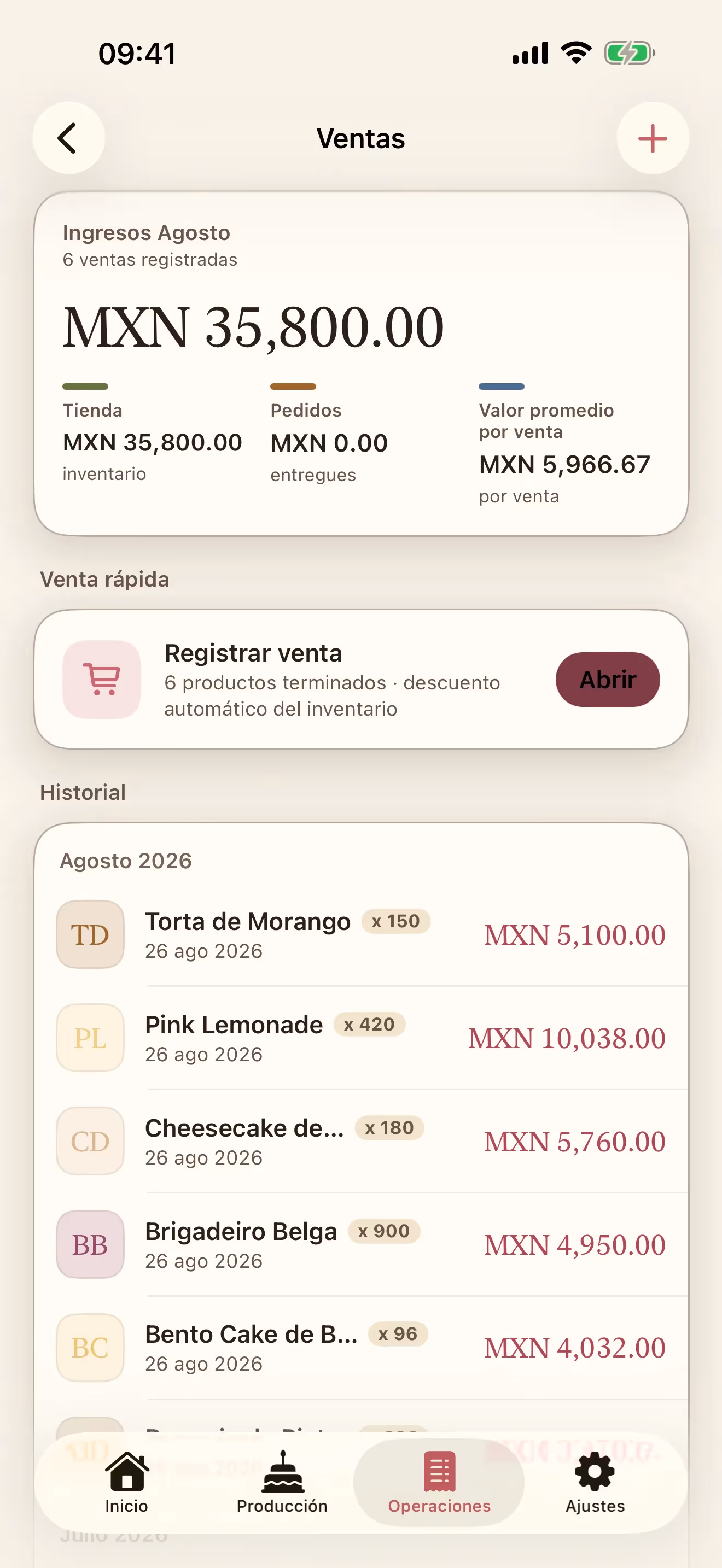 Pantalla Ventas de Receitório en iPhone con los ingresos del mes, la venta rápida y el historial de ventas