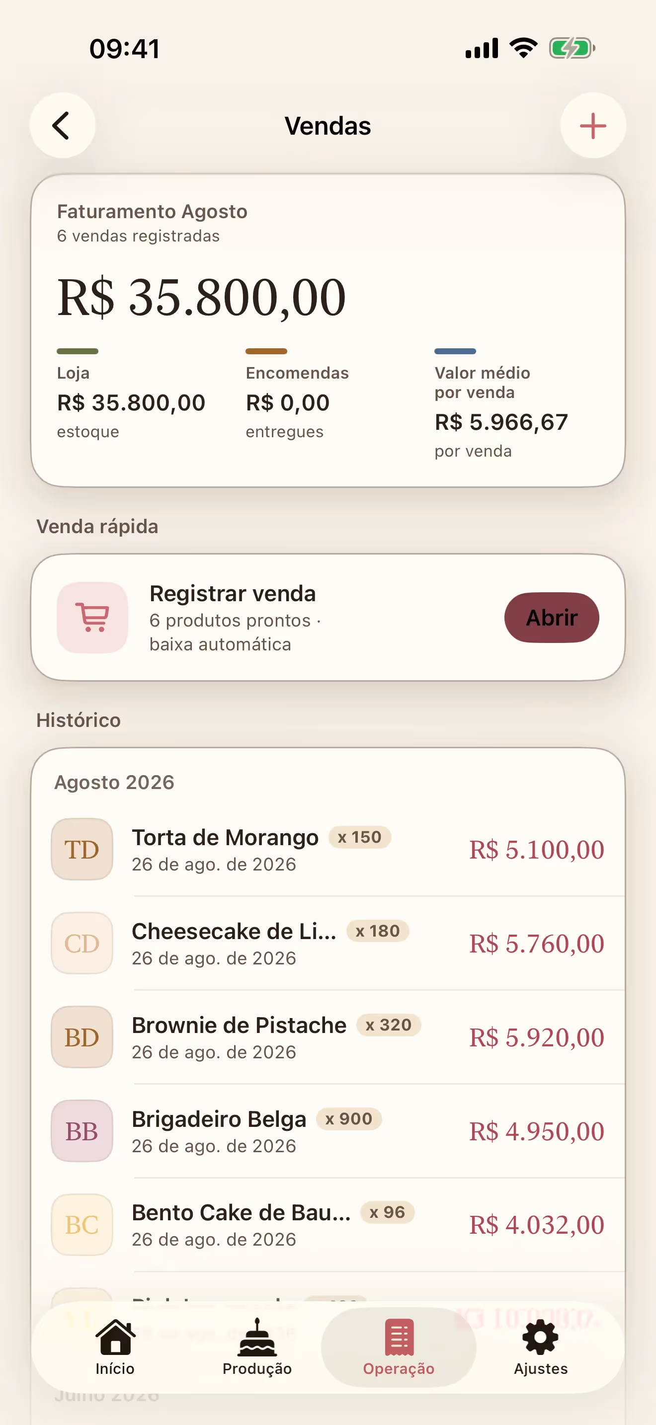 Tela Vendas do Receitório no iPhone com faturamento do mês, venda rápida e histórico de vendas