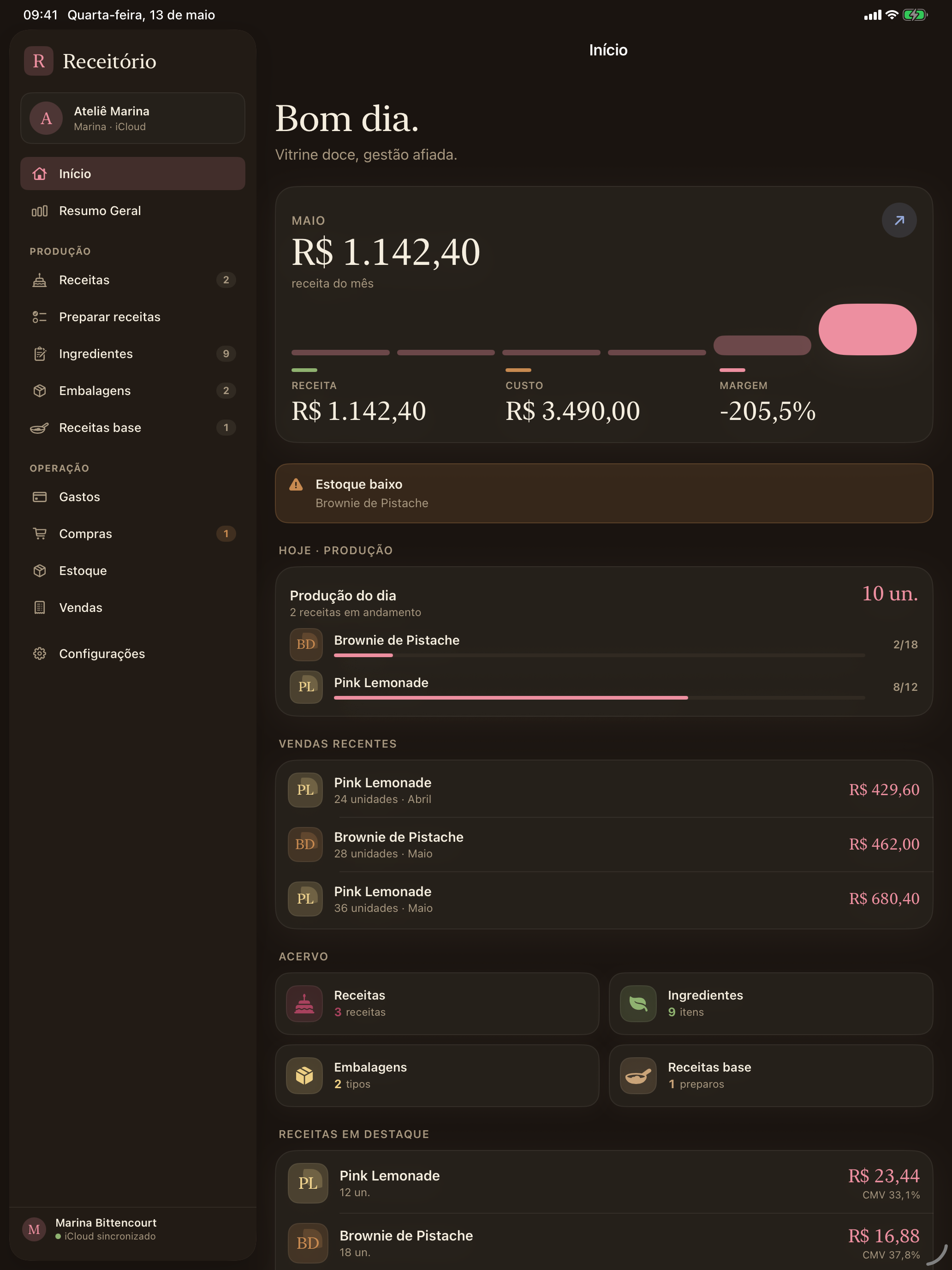 Tela inicial do Receitório no iPad em modo escuro